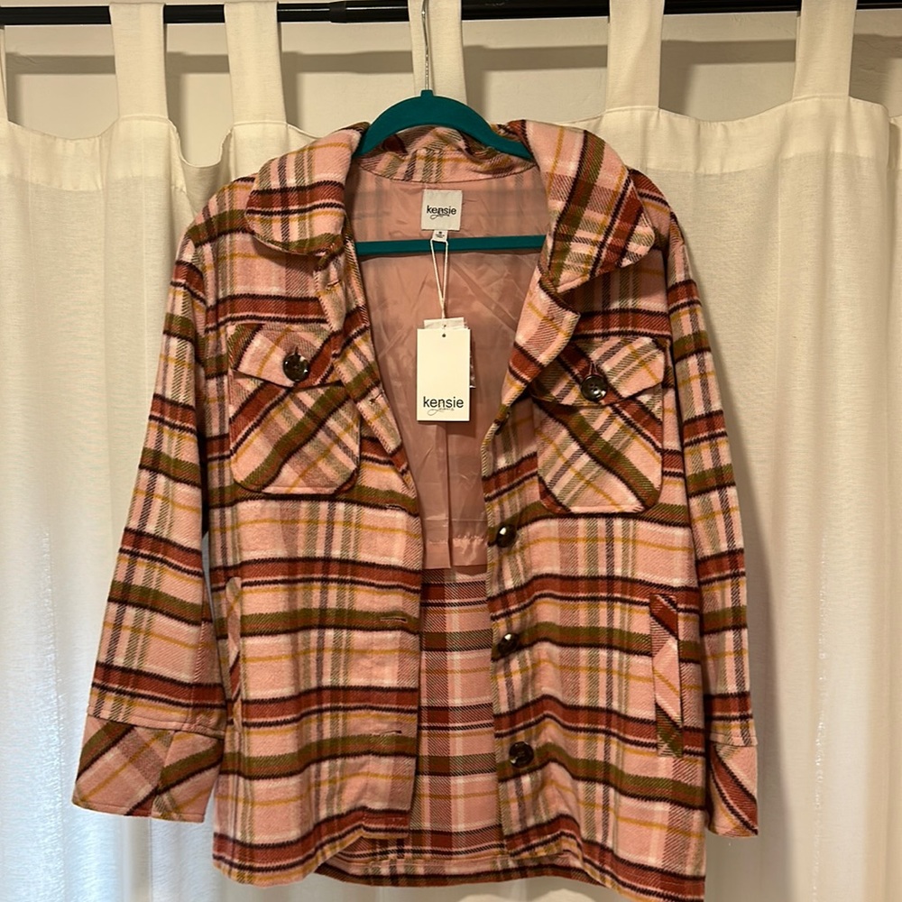 Pink plaid jacket/shacket/button up flannel. Never been worn. Originally $68.